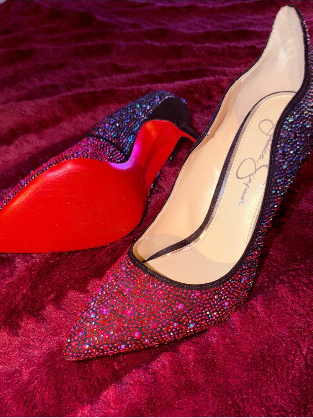 Jessica Simpson Red/Pink and Blue with Red Bottoms, Embellished Stiletto Heels - Picture 7 of 11